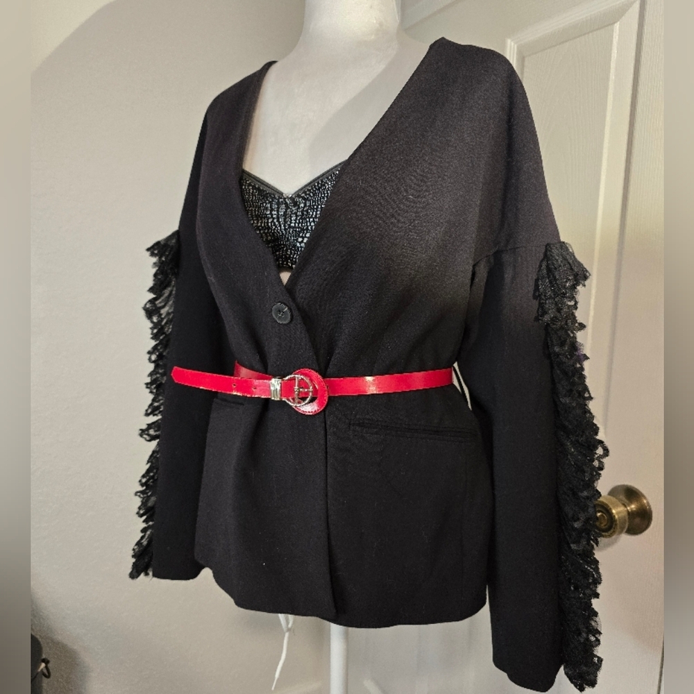 Zara Chic Black Jacket with lace ruffles detailing. Size L